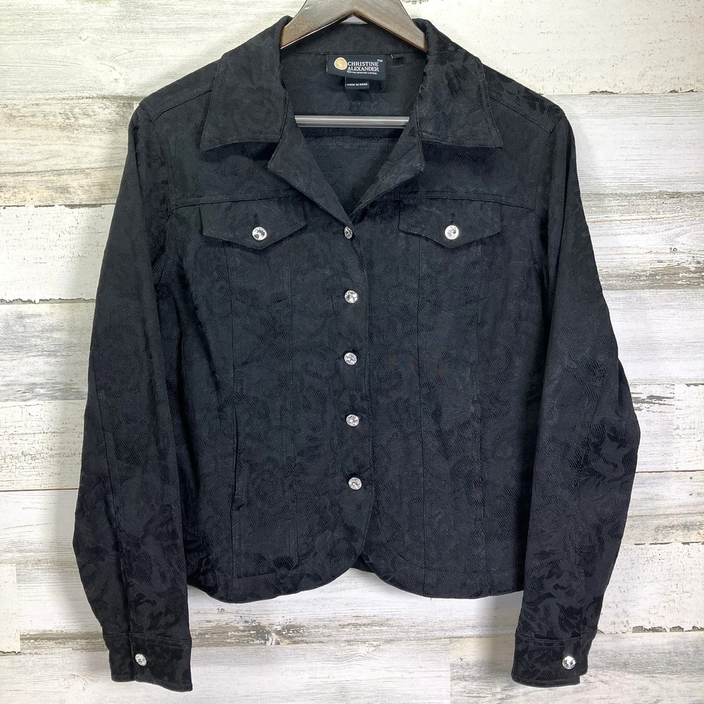 Christine Alexander Womens Black‎ Floral Brocade Swarovski Crystal Jacket Size M